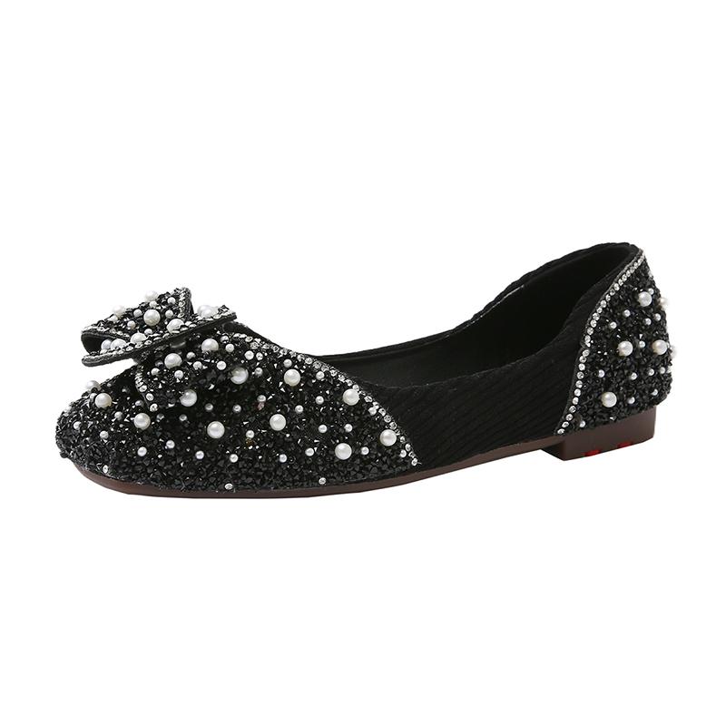 Fashion Fashion Single Shoes Summer New Square Head Shallow Mouth Pearl Glitter Cover Wear-resistant Flat Low Top Shoes