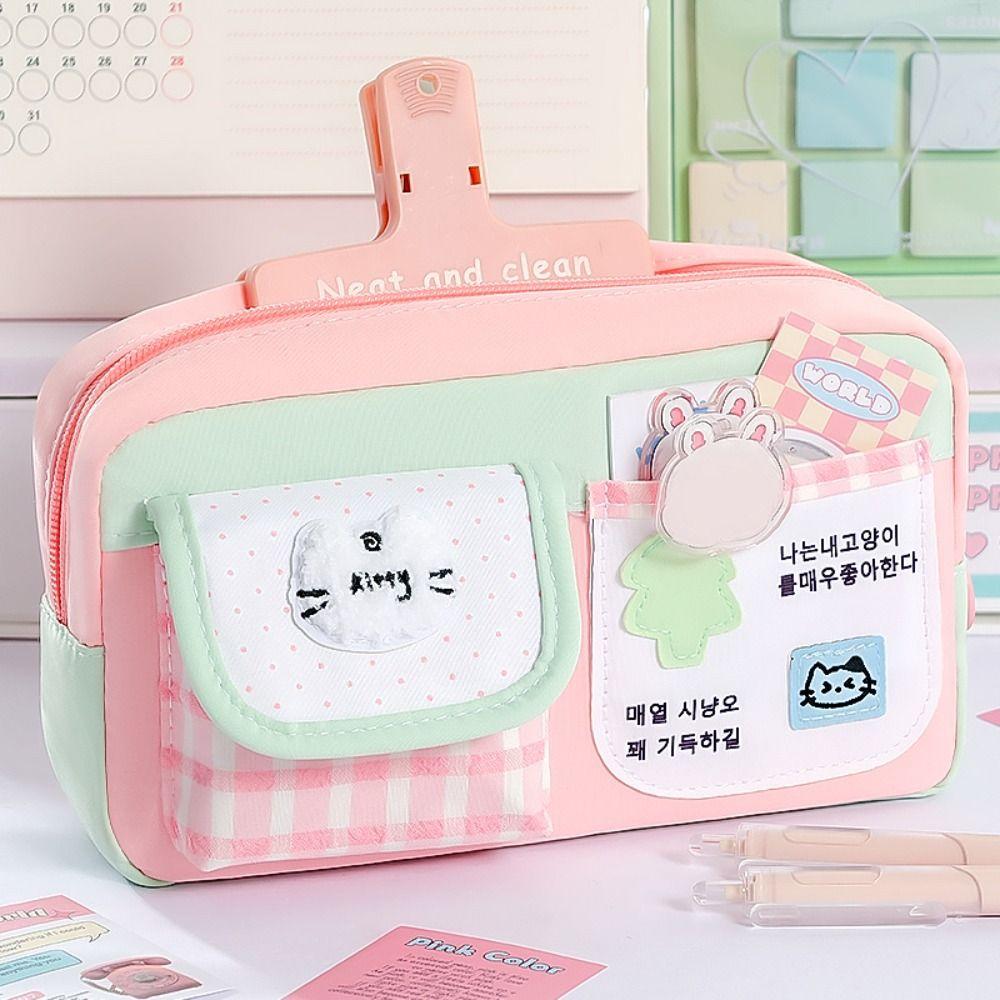 Cute Kitten Pencil Case Color-blocking Stationery Pouch Multi-functional Pen Bag  School Supplies