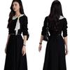 Nanyi French-Inspired Polka Dot Black Dress: Elegant Flowy Collar, Waist-Cinched Skirt for Women