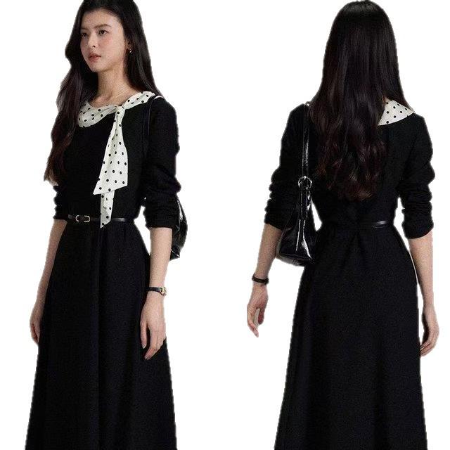 Nanyi French-Inspired Polka Dot Black Dress: Elegant Flowy Collar, Waist-Cinched Skirt for Women