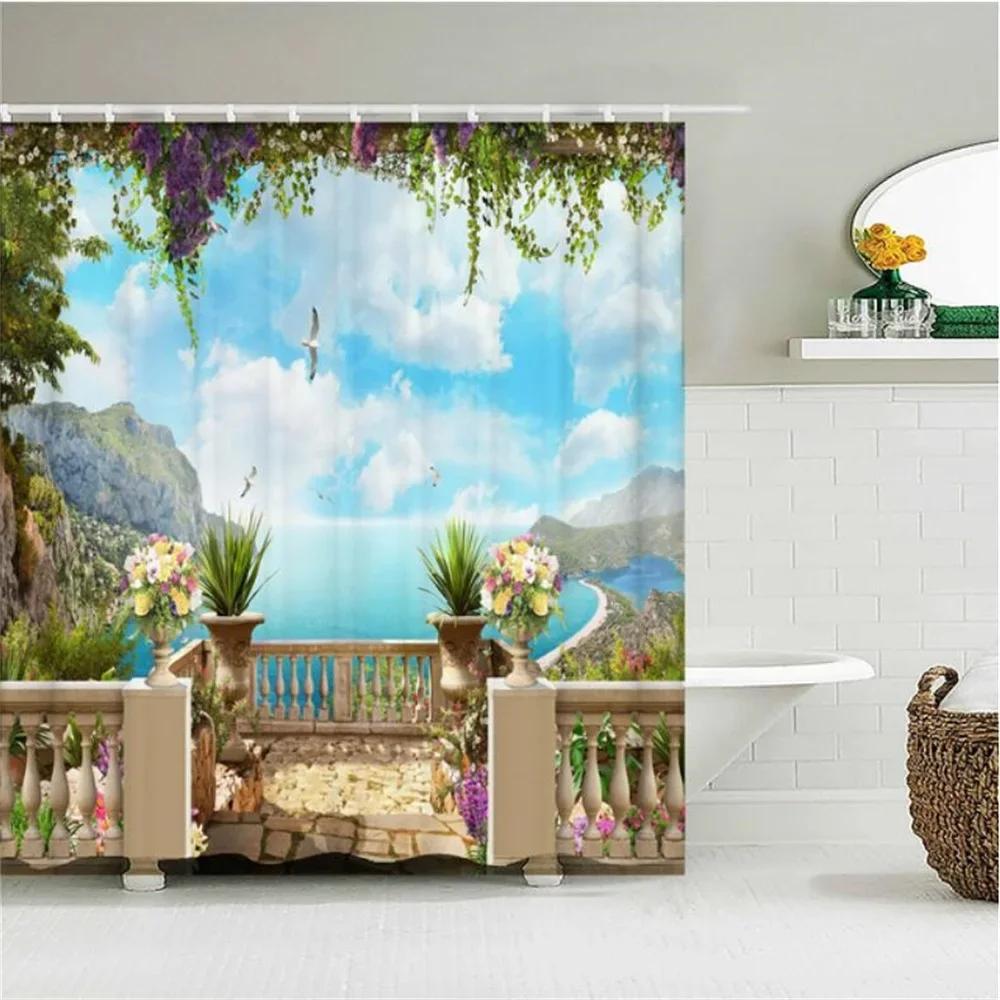 Home Wall Decor European Building Garden Patio Landscape Shower Curtains Bathroom Curtain Waterproof Bath Curtains for Bathroom