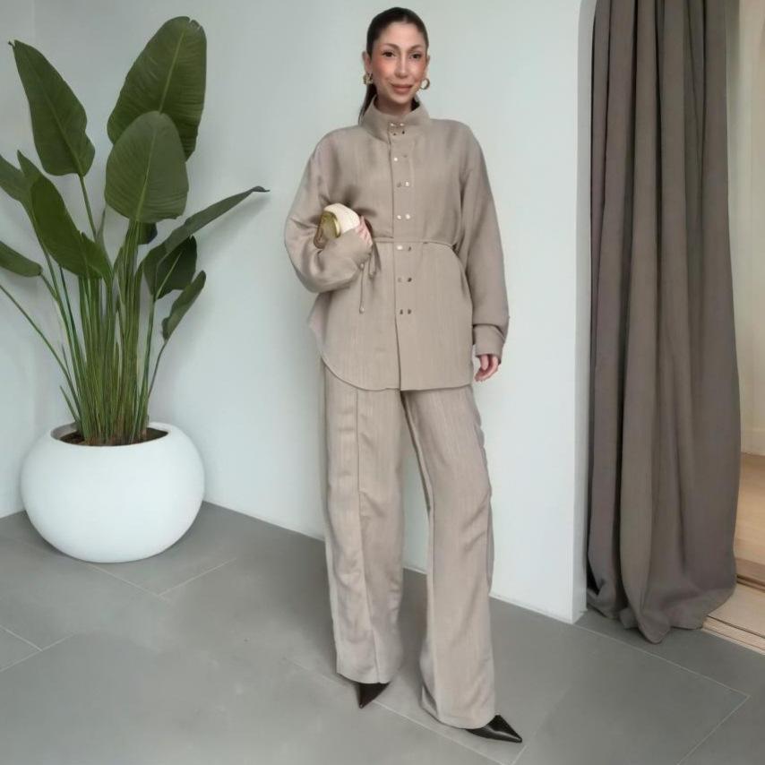 Cross-border European and American women's clothing Amazon stand-up collar casual button lantern sleeve top fashion wide-leg pants