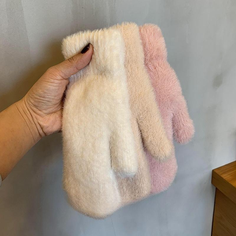 Winter Gloves for Women Korean Version Solid Color Thickened and Velvet Imitation Mink Hair Cycling Students Warm Mittens