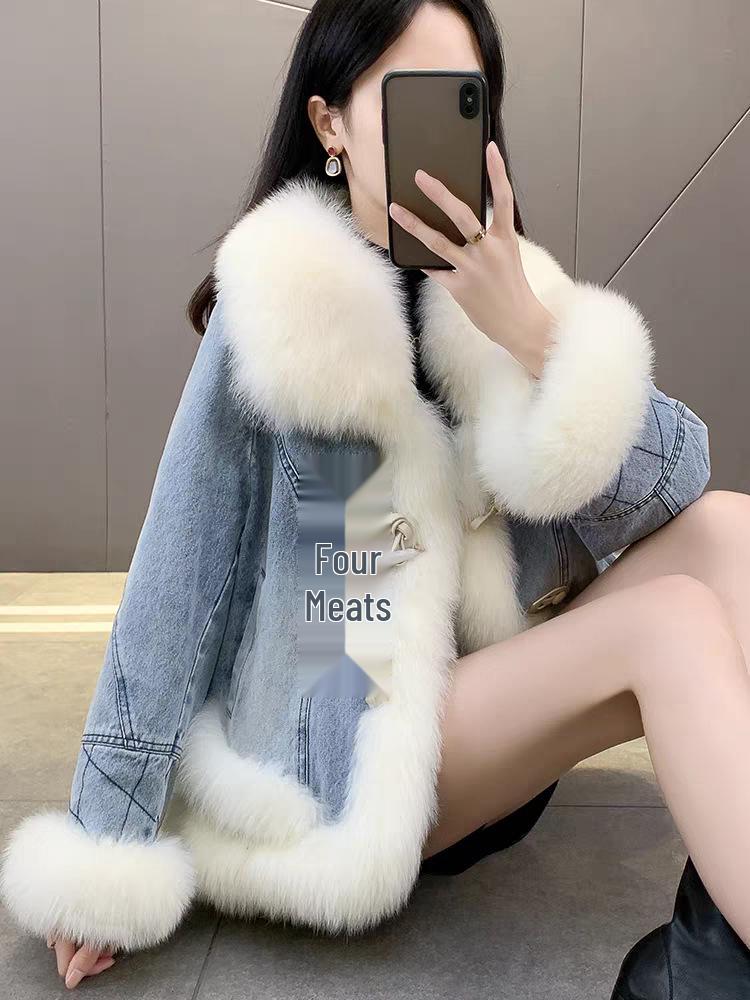 2025 Women's Winter Fur Collar Denim Cotton Parka: High-End Fashion with Versatile Style