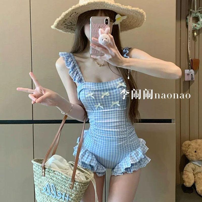 

Pure Desire Wind Blue Plaid Ruffle Conservatively Covering Belly Showing Slimming One-piece Hot Vacation Swimsuit Women M синий
