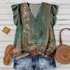 European and American Retro Oil Painting Printing V-neck Shirt Women's Loose and Thin Ruffle Edge Short-sleeved Temperament Versatile Top