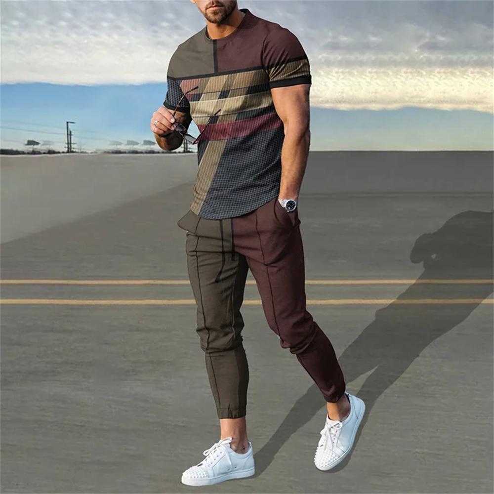 Men's Trousers Tracksuit 2 Piece Set Fashion Casual Sportswear Summer Short Sleeve T Shirt Long Pants Clothing