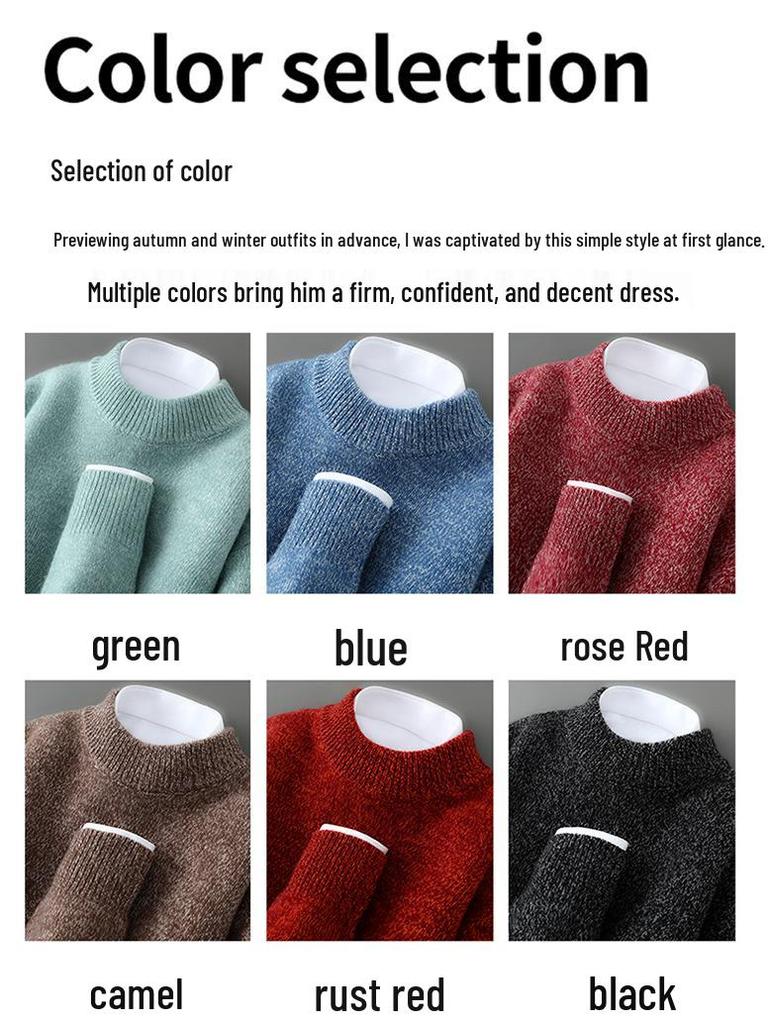 Men's Winter Thickened Pure Wool Half-High Collar Sweater - Three-Strand Marled Yarn Loose Knit