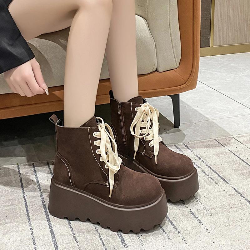 Fashion 8CM Women Flock Ankle Boots Winter Warm Fur Chunky Sneakers Lace Up Non-Slip Punk Shoes Breathable High Platform Motorcycle Boot