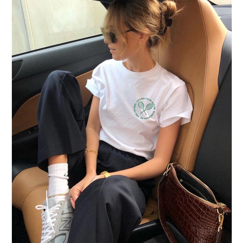 90S American Retro Tennis Logo Fitness Girl Round Neck Pure Cotton Short Sleeve T-shirt