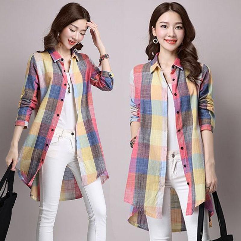 Plus size dames zomer dunne geruite lange blouse losvallend elegant Koreaanse stijl blouses tops