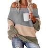 Women's Autumn Winter Knit Set Sweater Loose Patchwork Color One-Shoulder Crewneck Pullover