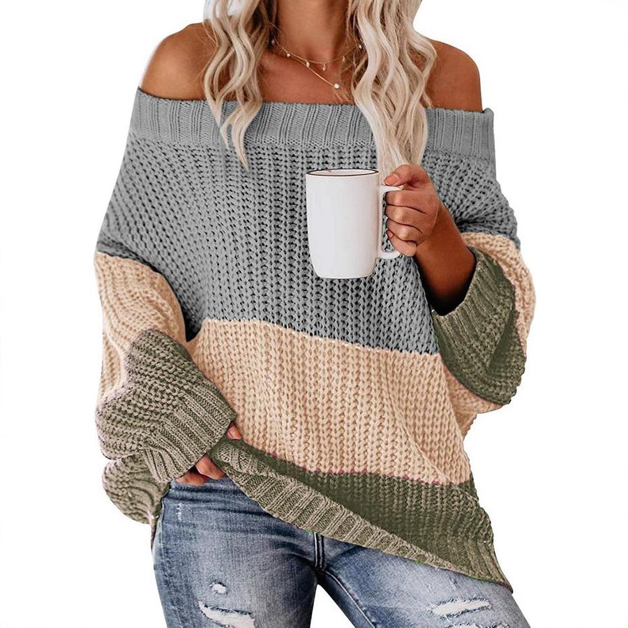 Women's Autumn Winter Knit Set Sweater Loose Patchwork Color One-Shoulder Crewneck Pullover