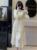 French Puff Sleeve Floral Chiffon Dress with Tie-Neck and Ruffle Collar, Slim-Fit Long Sleeve for Early Spring.