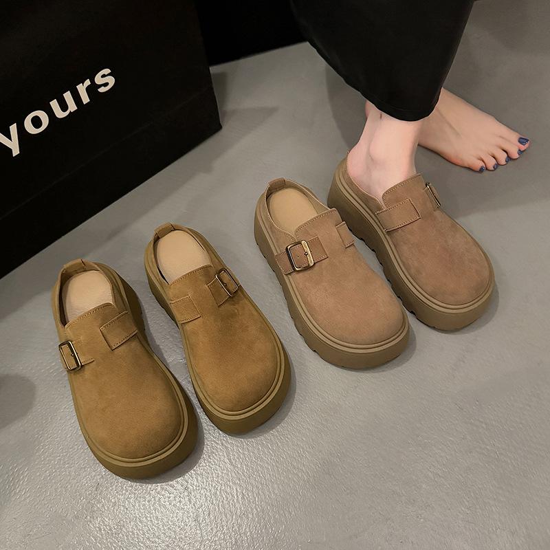 Frosted thick-soled inner height-increasing women's shoes, spring and autumn half-towing bag head, one foot pedaling lazy slippers