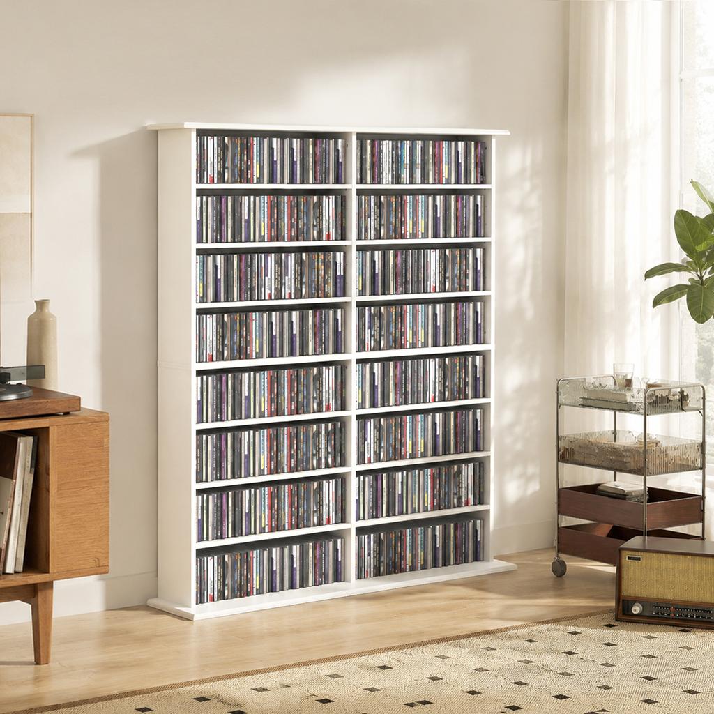 Media Shelf 8 Levels DVD Shelf With 12 Adjustable Shelves 16 Compartments For 720 CDs White