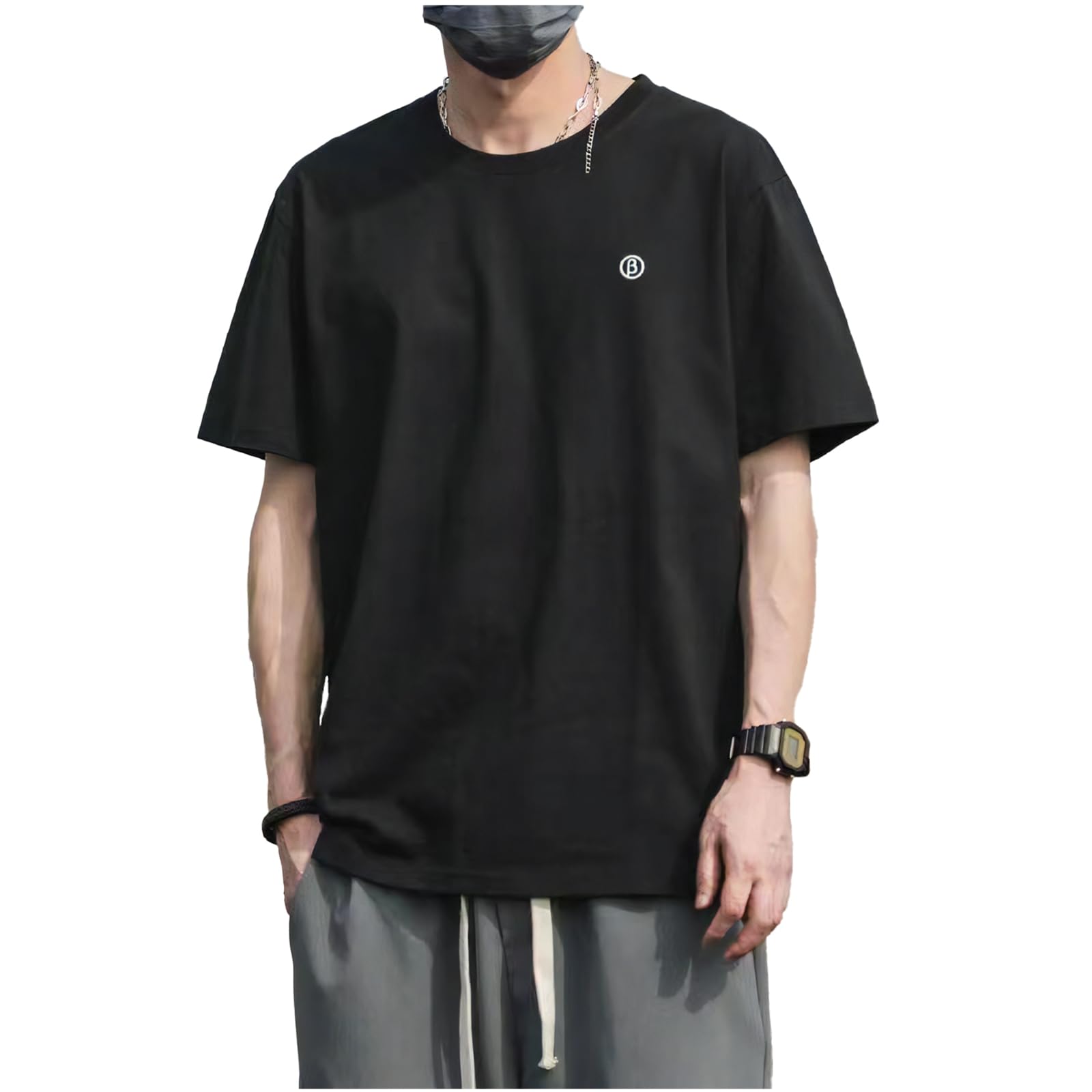 

Short Sleeve Solid Short Sleeve Simple Crew Korean Size 50s X-cross Men s T-Shirt, Black, Color, Sportswear, Cotton/Polyester, One-Point Design, чёрный