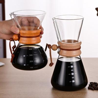 Pour Over Stainless Steel Coffee Pot Glass Wooden Handle Tea Pot High-Temperature Resistant 400ML/600ML Coffeeware Home