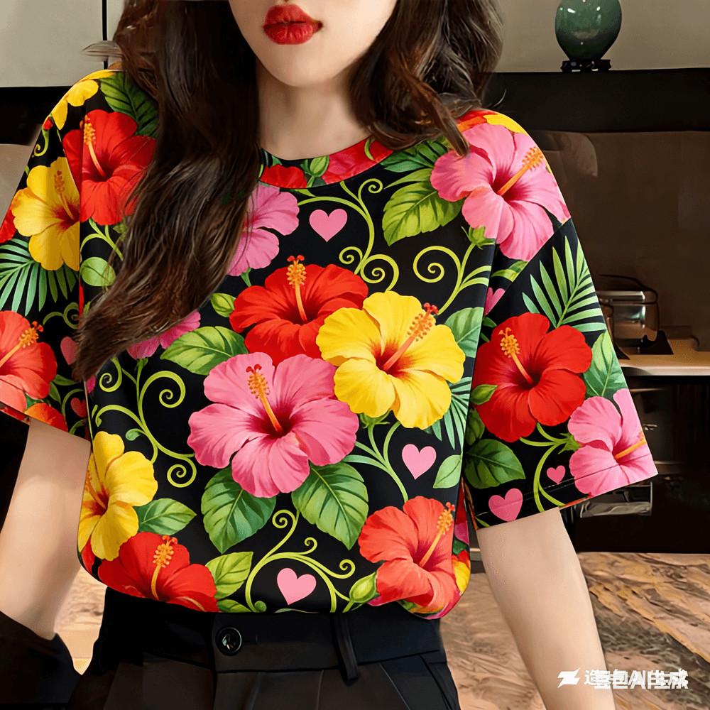 Women's T-shirt - Printed Flower Design, Suitable for Home, Street, Retro Fashion T-shirt