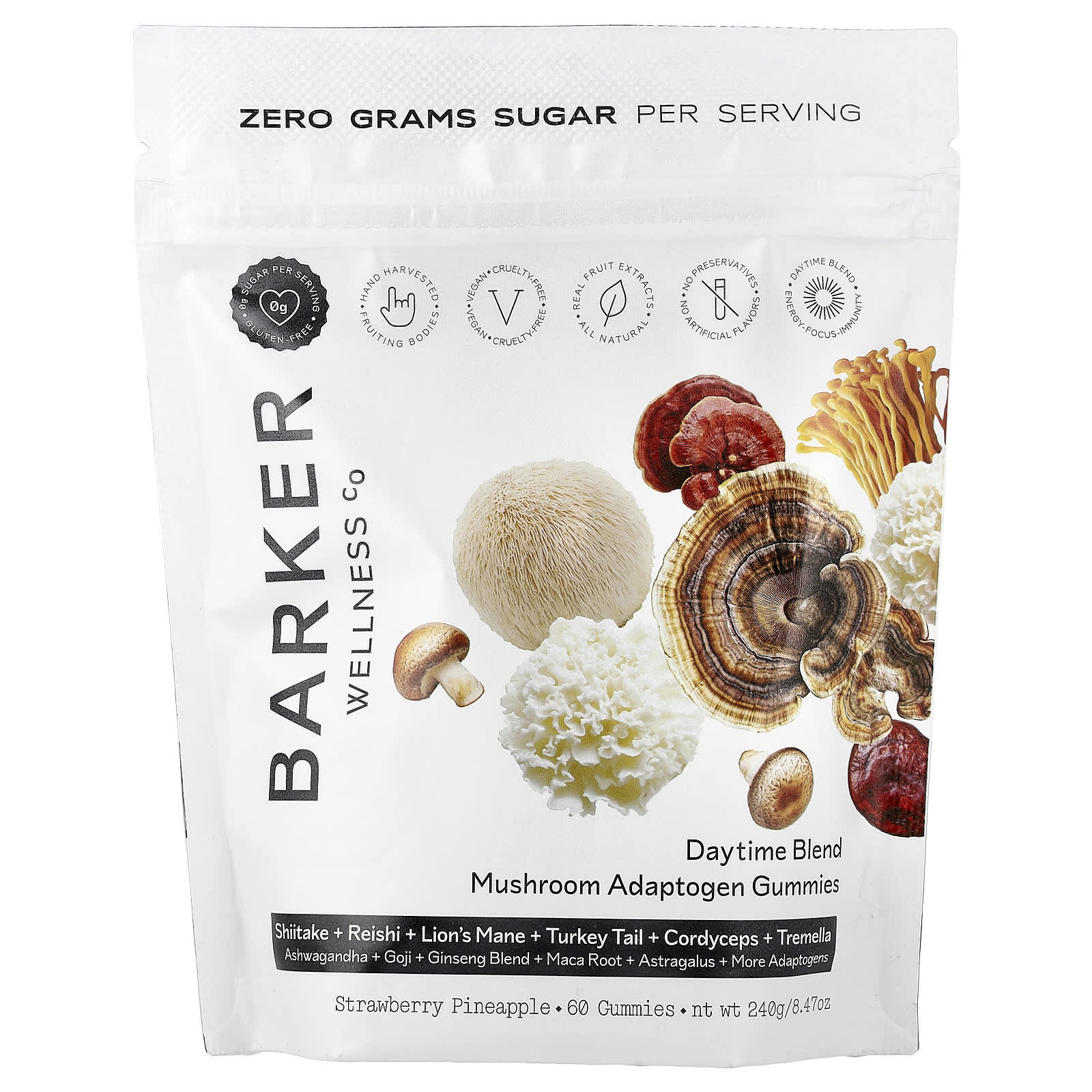 

Barker Wellness Co., Daytime Blend, Mushroom Adaptogen Gummies, Strawberry Pineapple Flavor, 60 Gummies