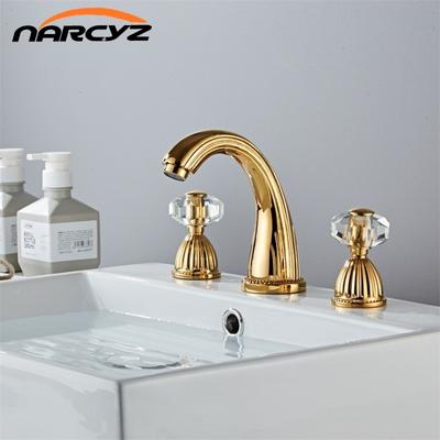 Basin Faucets Gold Brass Modern Bathroom Sink Faucet Double With Drill Handle 3 Hole Bathbasin Counter Mixer Taps XR8260