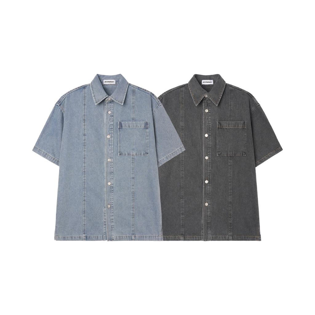 APOSTROPHE COMMA Vertical Line Denim Short Sleeve Shacket_Light Blue