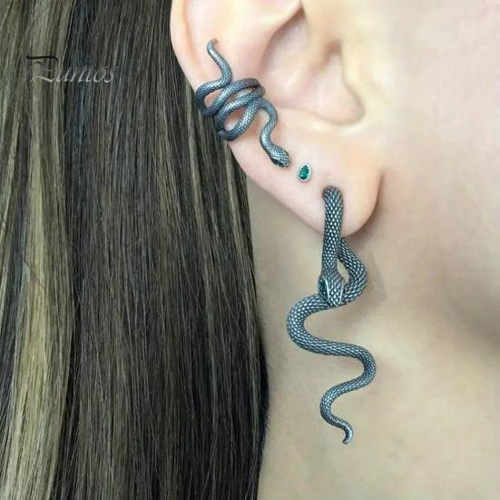 Silver Serpent Ear Jewelry 1 Pair Vintage Gothic Snake Earrings, Retro Punk Front Back Personalized Cuffs for Girls Stud Halloween Animal Statement