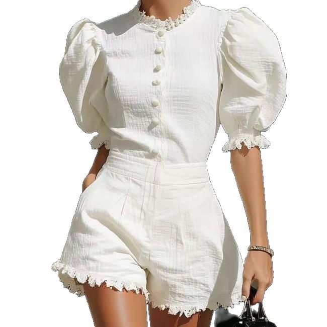 Spot new European and American fashion ruffle edge lantern short-sleeved top and shorts two-piece set for women