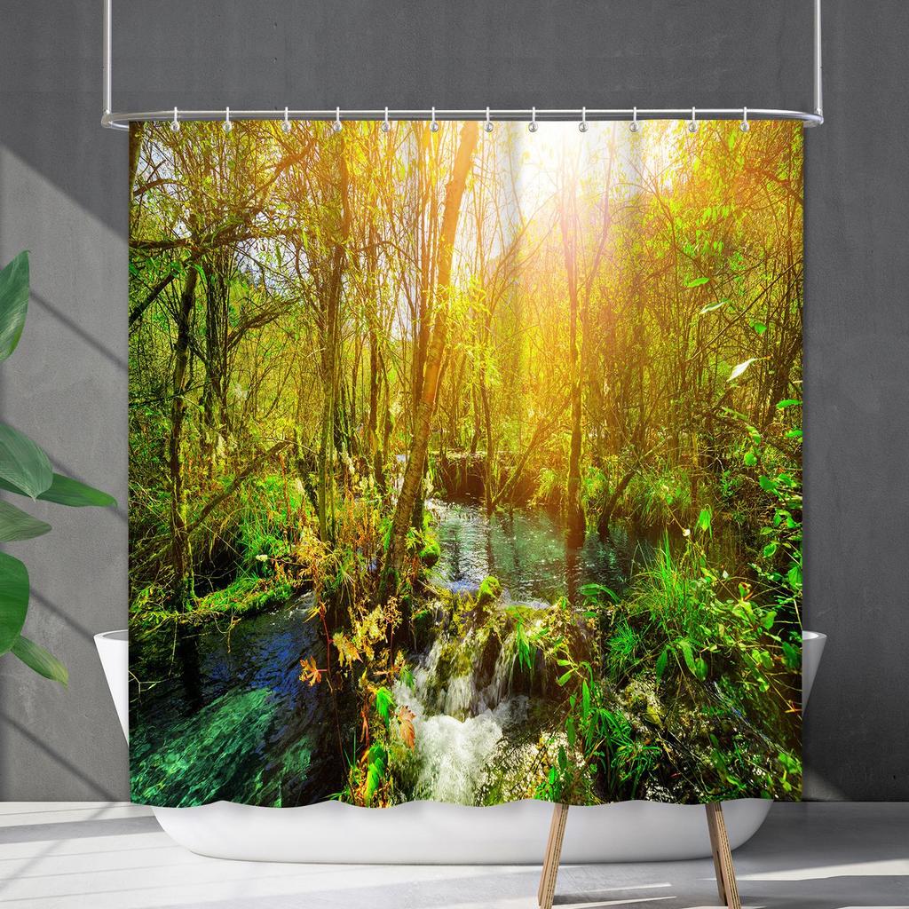 Bathroom Waterproof Curtain Digital Printing Landscape Waterfall Shower Curtain Free Punching Toilet Partition Curtain Shower Cloth
