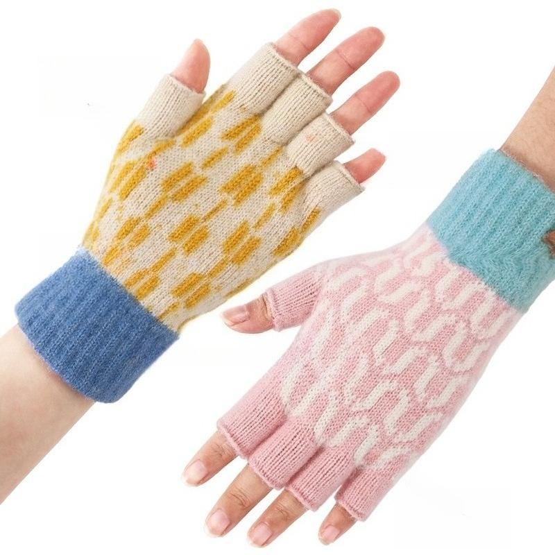 Winter Knitted Gloves, Japanese Style, Color-blocked Half-finger Gloves, Women's Student Warm Gloves, Versatile Fingerless Gloves