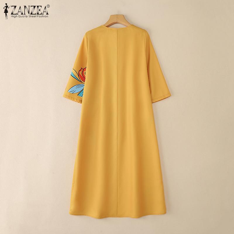 ZANZEA Women Casual V-Neck Loose 3/4 Sleeve Floral Print Dress