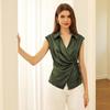 Women's Casual Satin V-Neck Tie-Front Bow Blouse