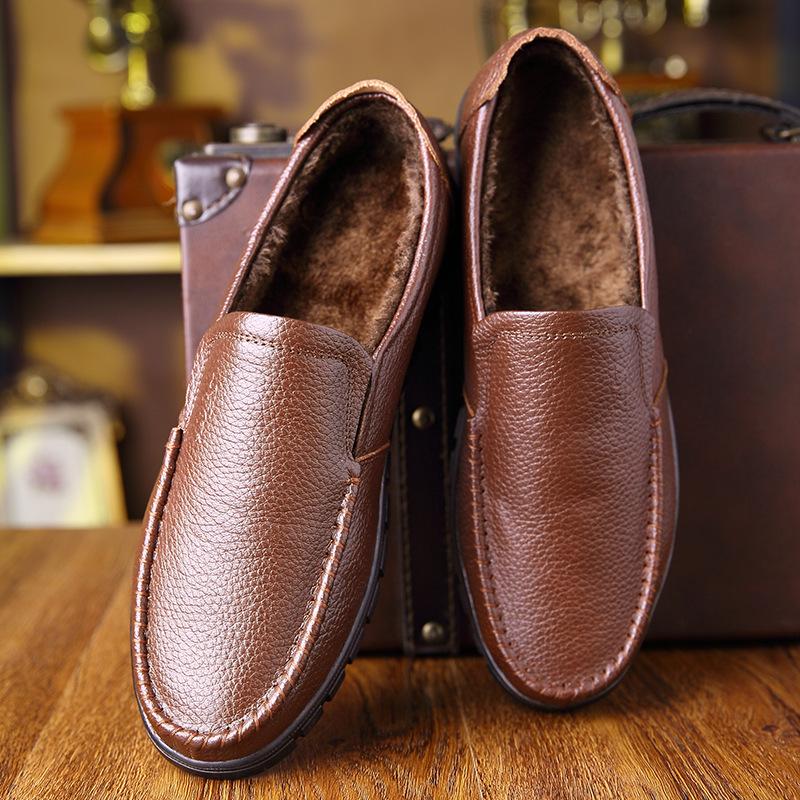 2025 direct sales winter warm and cotton first-layer cowhide men's single shoes genuine leather men's shoes lazy one-pedal men's leather shoes