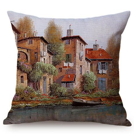 Hermoso Paisaje Rural Cabaña Feliz Recuerdo de la Infancia Pintura al Óleo Funda Decorativa para Cojín de Sofá Funda para Cojín de Coche Cojines