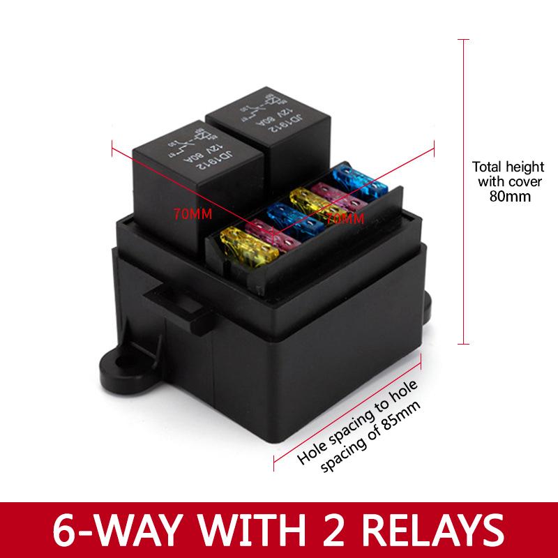 Automotive 6-way fuse box with relay box assembly, 12 way 10 way 8 way modified circuit protection fuse box 6 Way with 2 relay
