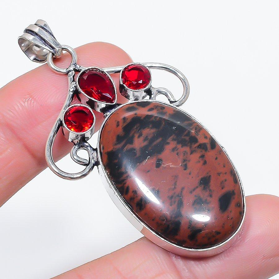 Natural Mahogany Obsidian, Garnet 925 Sterling Silver Jewelry Pendant 2.48" c6U58