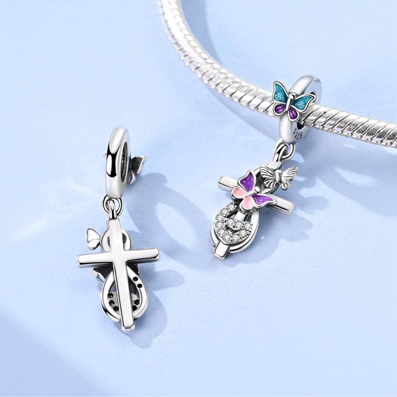Charms Plata Blue Purple Butterfly Crucifix Pendants Fit Original Bracelets Charms For Women Jewelry Diy Making Gifts