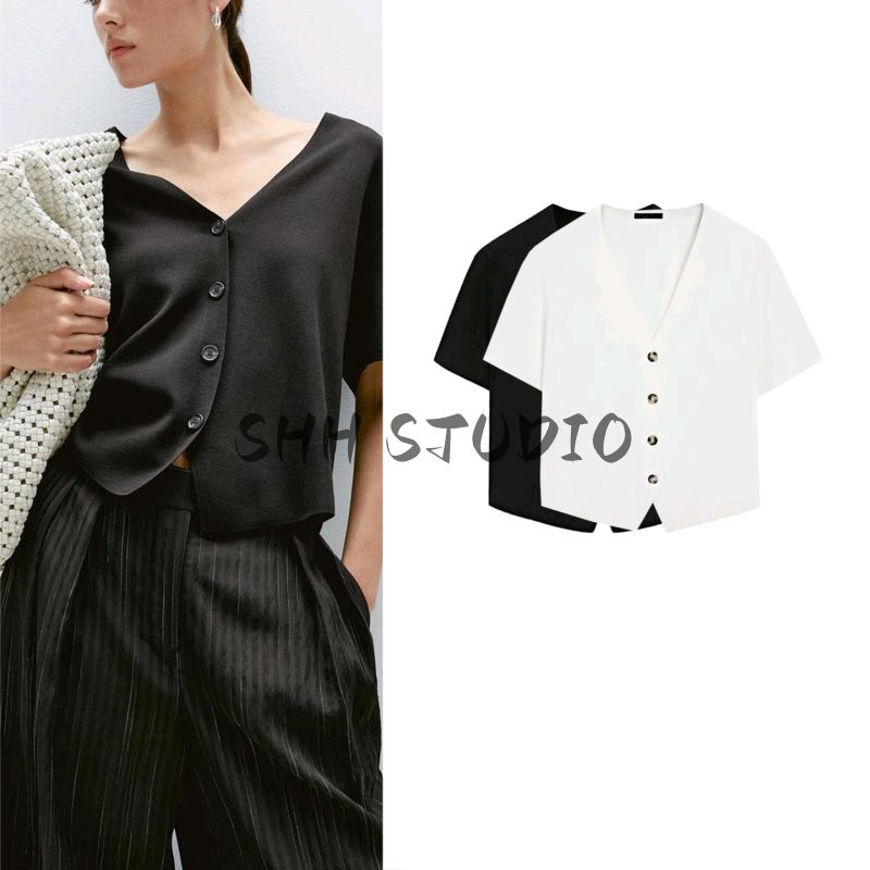 MD Summer New Arrival Women's Clothing Elegant Commute Style Drape Short V Neck Short Sleeve Knitting Cardigan 5655573