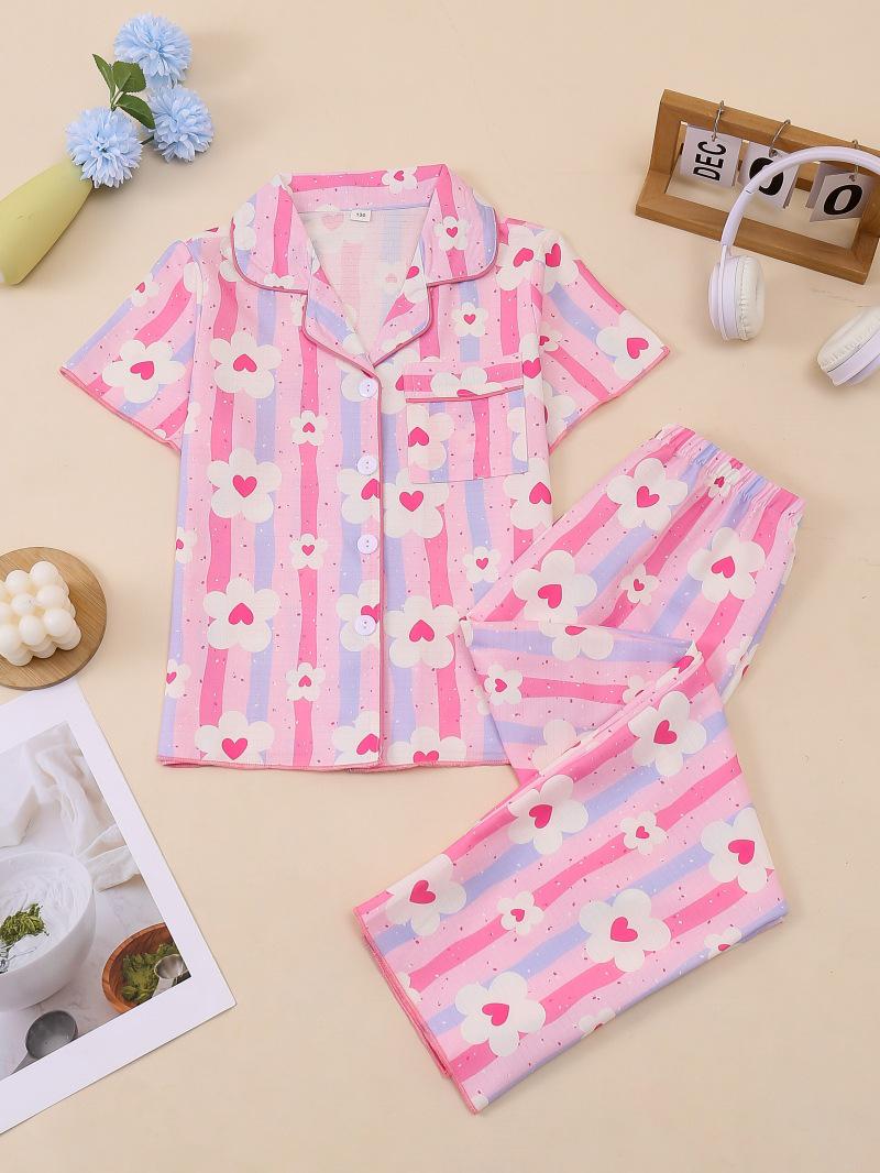 Bubble Heart Baby & Toddler Pajama Set - Short Sleeve, Long Pants, Breathable Girls Homewear Size 110