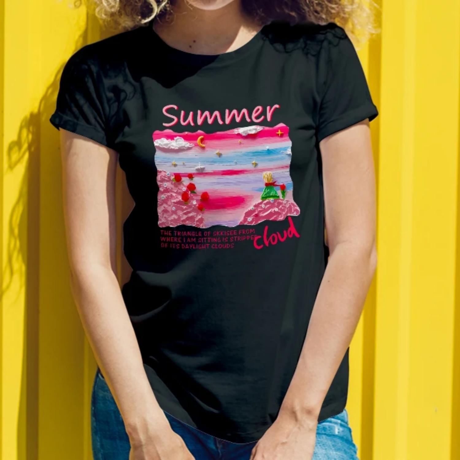

Summer inspired Womens Short Sleeve Cotton T Shirt Dreamy LandscapePrint forCasualSummerEveningsYoungWomen with a Bohemian Style S чёрный