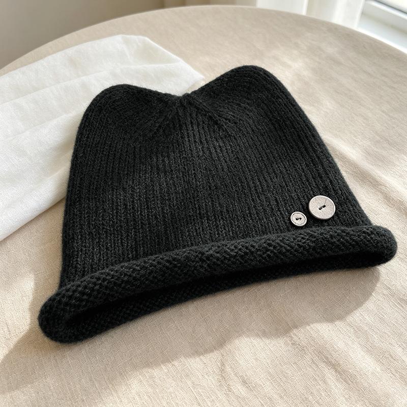 Japanese Sweet Style Cat Ear Button Beanie Knit Hat For Autumn Winter
