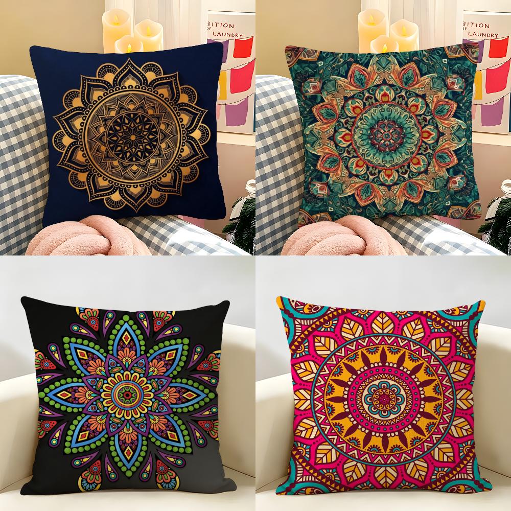 Mandala Style Decorative Cushion Cover Natural Linen Double Sided Print Throw Pillow Case for Sofa Couch Home Decor