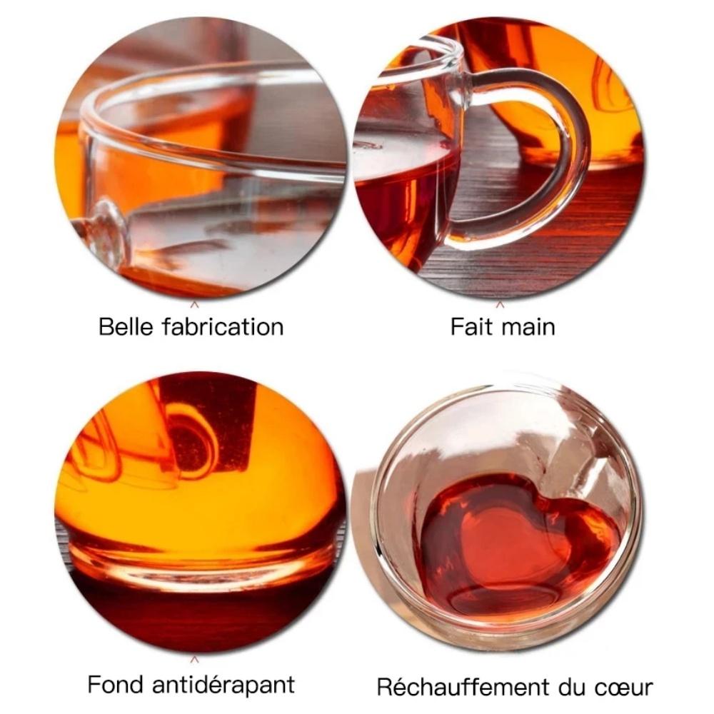 1/2 paquet Tasse Cœur Tasse Couple Verre Double Paroi Isolé Tasse à Thé Transparente avec Poignée pour Café, Cappuccino, Latte, Boissons au Lait