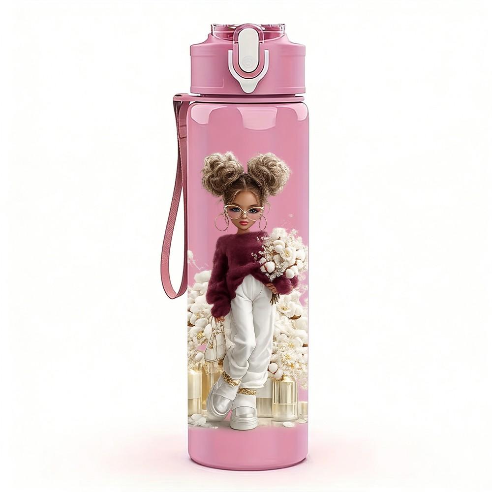 1PC Vintage Fashion Lady Portrait Print 750ml Color Plastic Sports Water Bottle Leakproof Flip Straw Lid Suitable for Sports Office Home Use