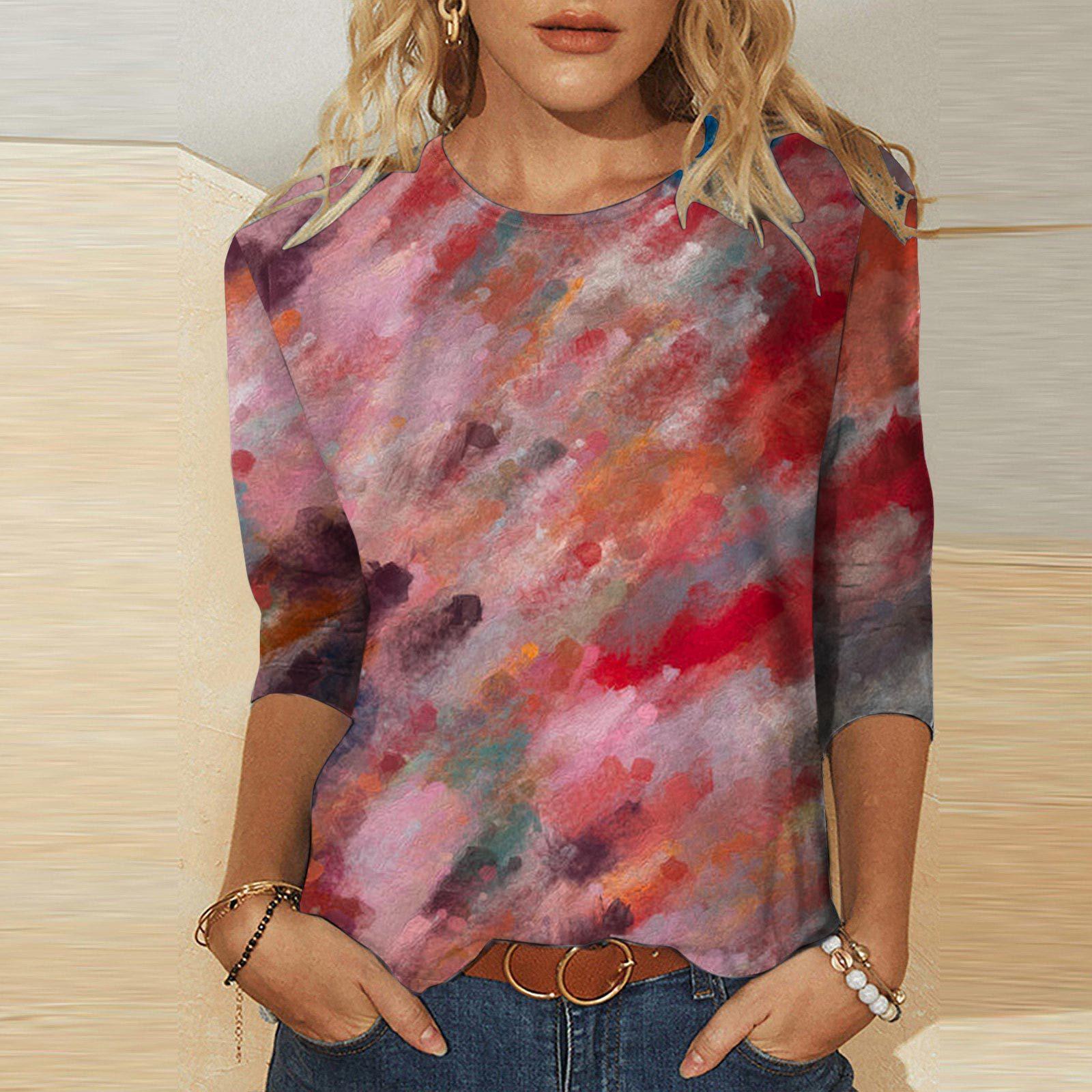 

Spring and Autumn Round Neck 3D Oil Painting Graffiti Printed Top Fashionable Casual Long Sleeved Women s T-shirts 5XL