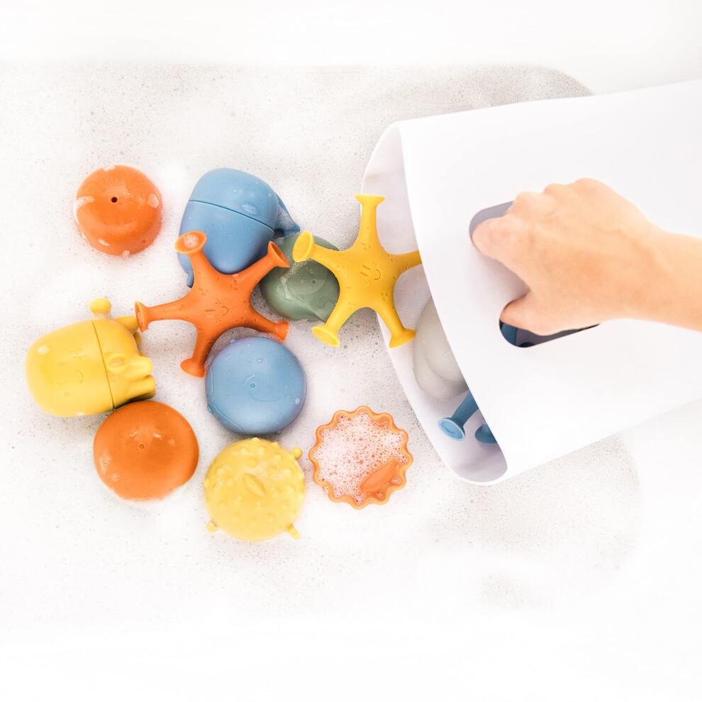 Ubbi Bath Time Essential Gift Set, Includes Drying Bin and 12 Water Toys for Toddler Bath Time Play, Baby Bath Accessory, Muted Blue