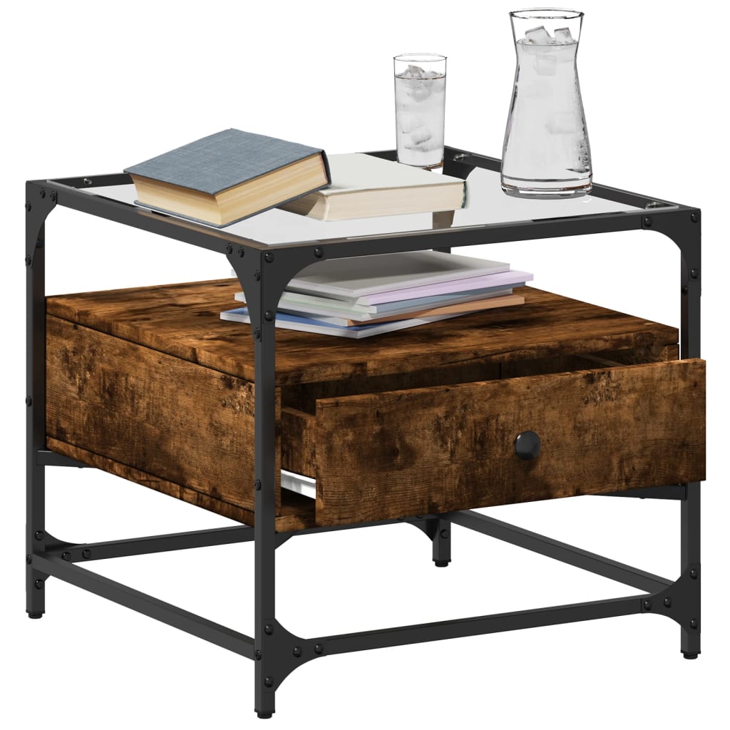 Tavolino con Piano in Vetro Finitura Rovere Affumicato 50x50x45 cm Acciaio