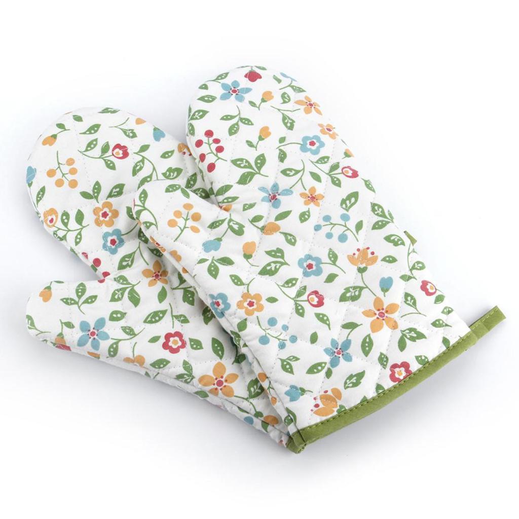 1 Pair Oven Gloves Non Slip Flower Grass Pattern Heat Resistant Microwave Mitts for Cooking Kitchen