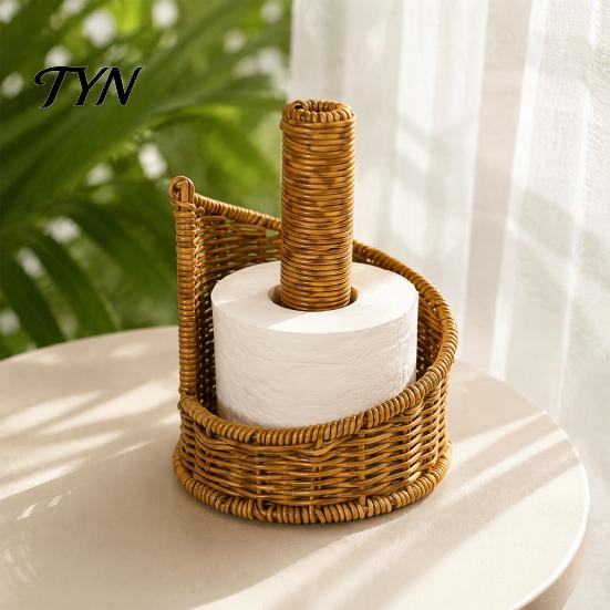 Woven Desk Paper Stand Imitation Rattan Toilet Holder, Round Towel Dispenser, Upright Roll Dispenser Boho Tissue Organizer for Bathroom Countertop And