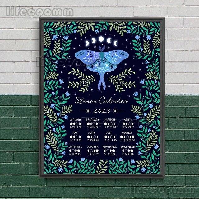 2023 księżycowa faza księżyca i magiczna ćma obraz ścienny na płótnie wąż, roślina, księżyc, elementy czarów plakat artystyczny dekoracja z nadrukiem bez ramki
